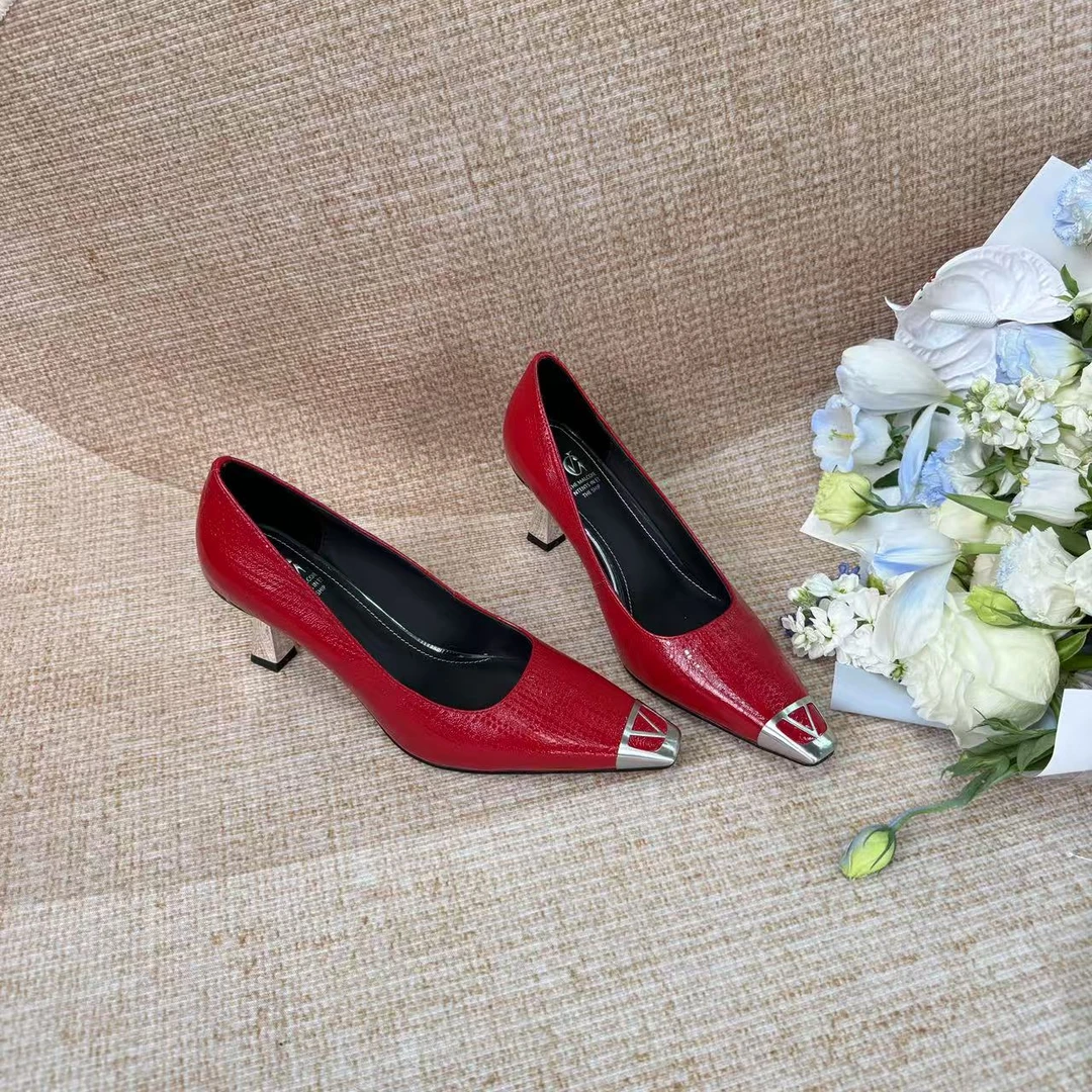 Van Gerch牛皮跟高7方头高跟鞋红色欧若风气质时尚单鞋性感买1赠3