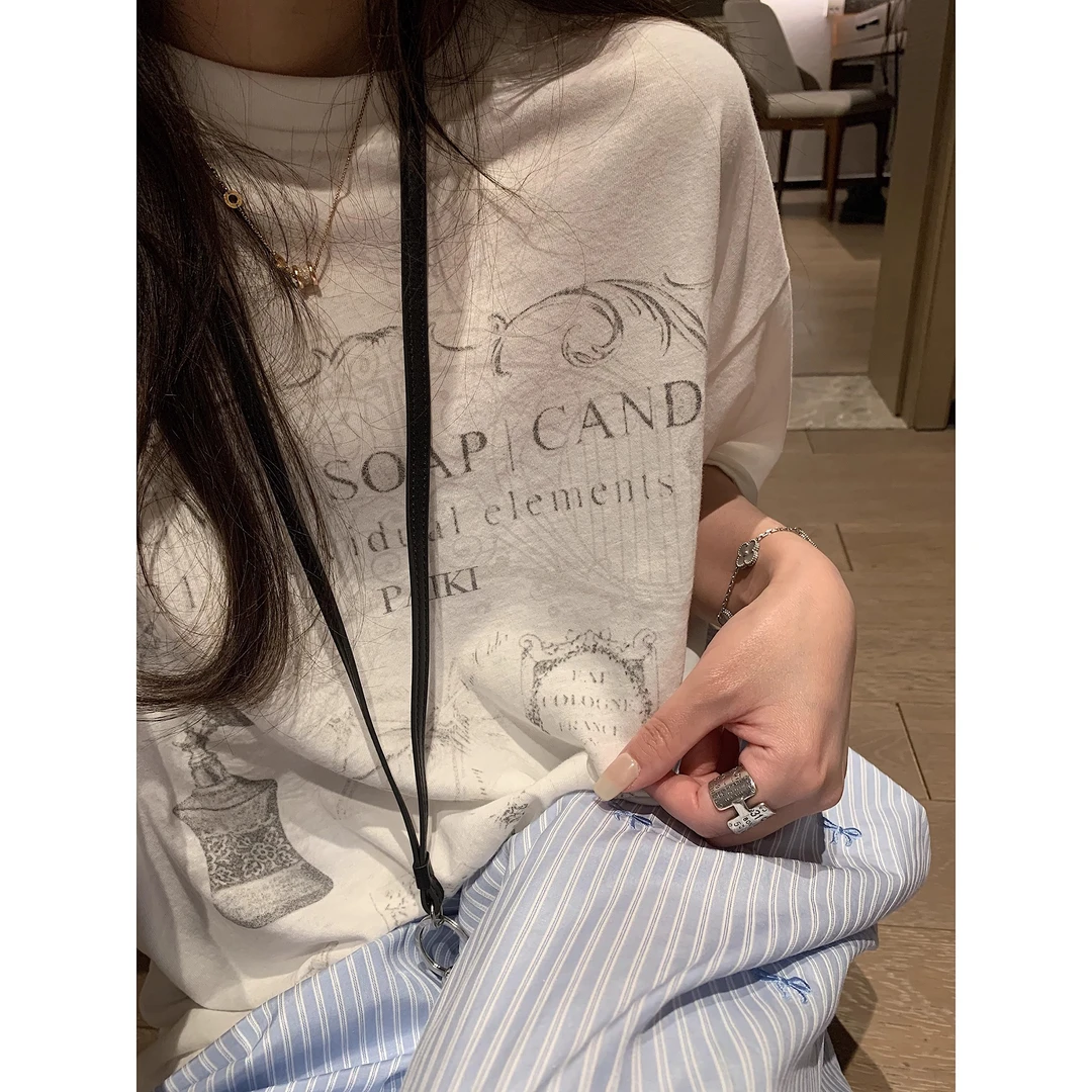 番茄妹妹Tomatosister复古印花短袖T恤女夏季宽松慵懒中长款上衣