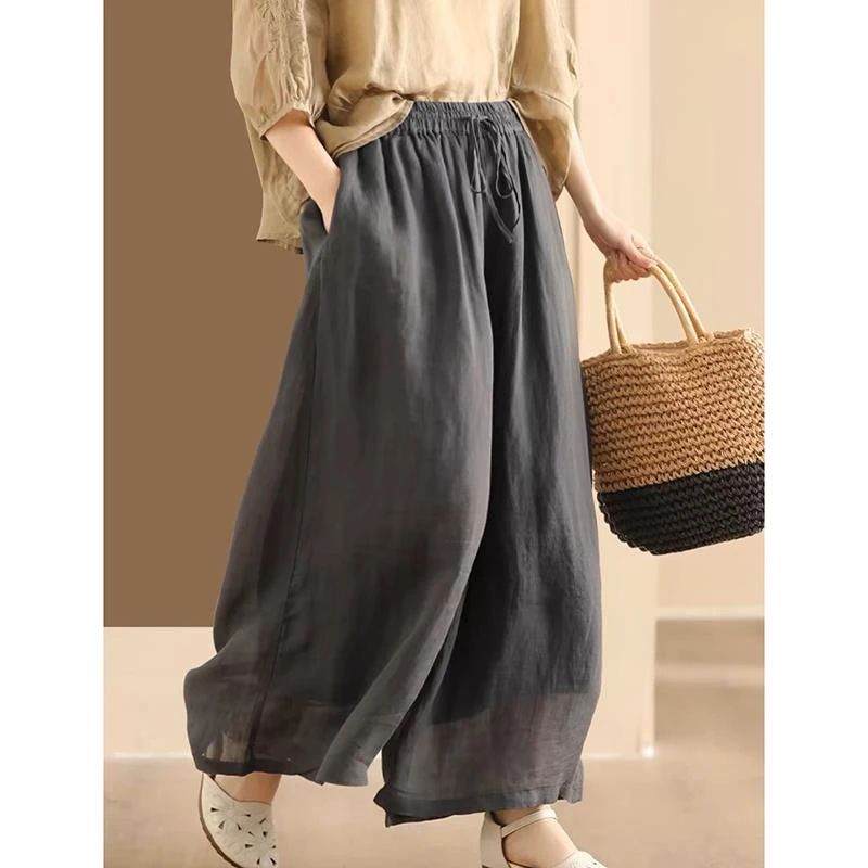 复古纯色苎麻阔腿裤女夏季新款双层薄款宽松休闲裤裤子胖mm显瘦款