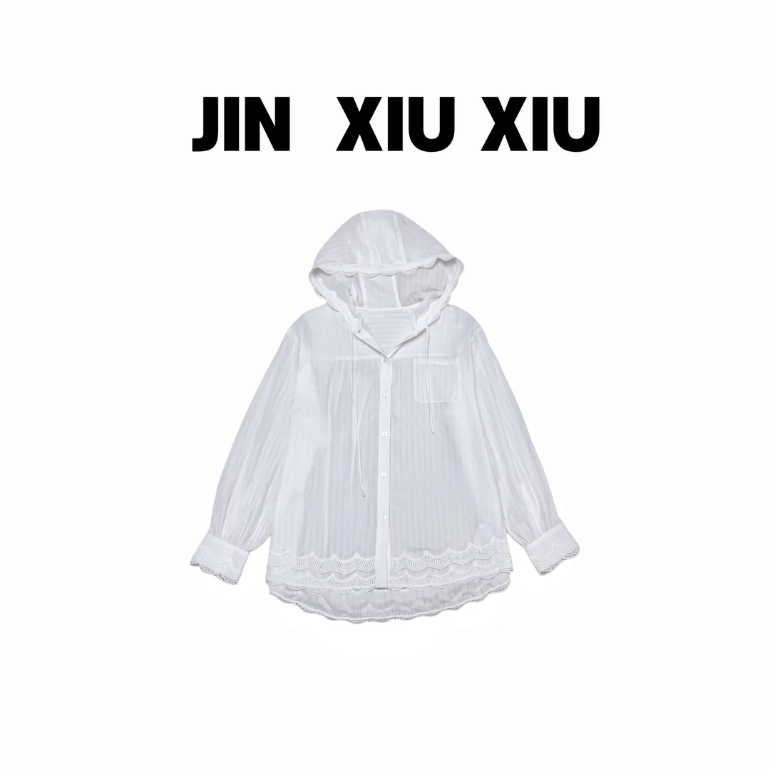 JINXIUXIU春夏新款蕾丝拼接连帽韩系甜美衬衫 Y642