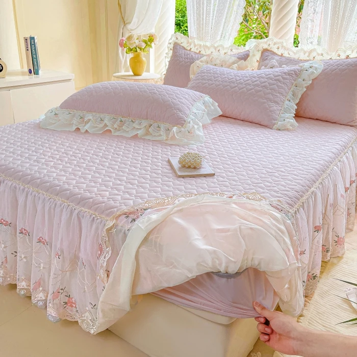 100%全棉蕾丝花边夹棉床裙床笠二合一纯棉床单床罩公主风床垫套