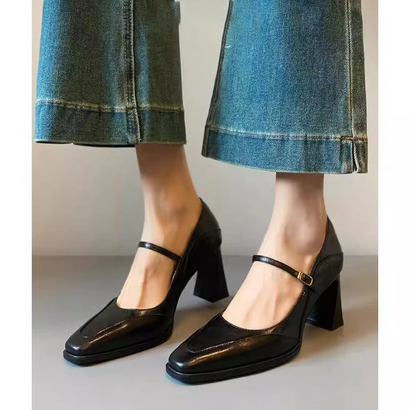 【现货】复古浅口单鞋女法式高跟玛丽珍鞋一字带小方头粗跟时装鞋