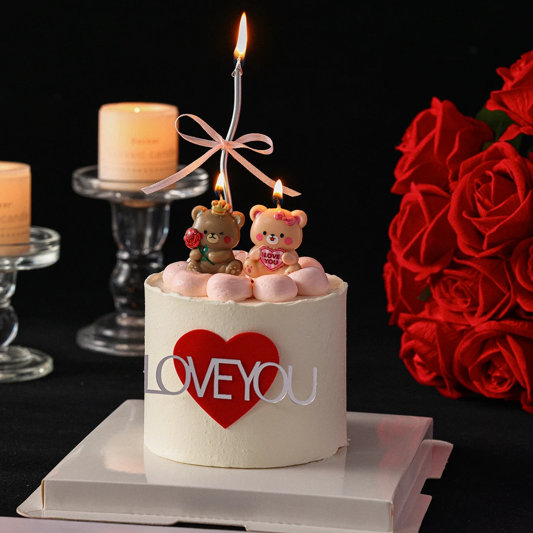 网红小熊蜡烛214情人节蛋糕装饰烘焙插件LOVEYOU爱心亚克力装扮
