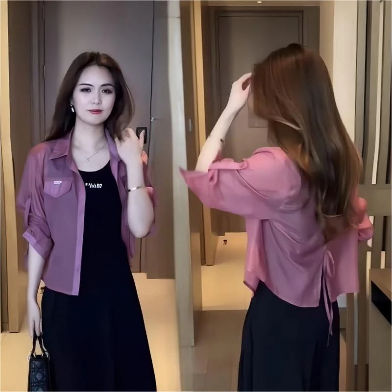 2025夏季新款女士宽松减龄薄款长袖衬衫时尚显瘦透气短款防晒衬衣