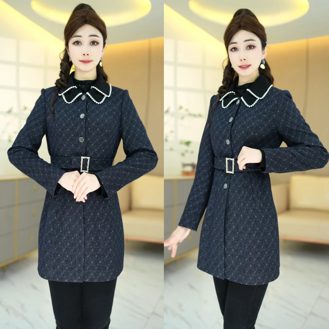 春季新款藏蓝色法式小香风2025面料柔软亲肤腰带修身显瘦春装外套