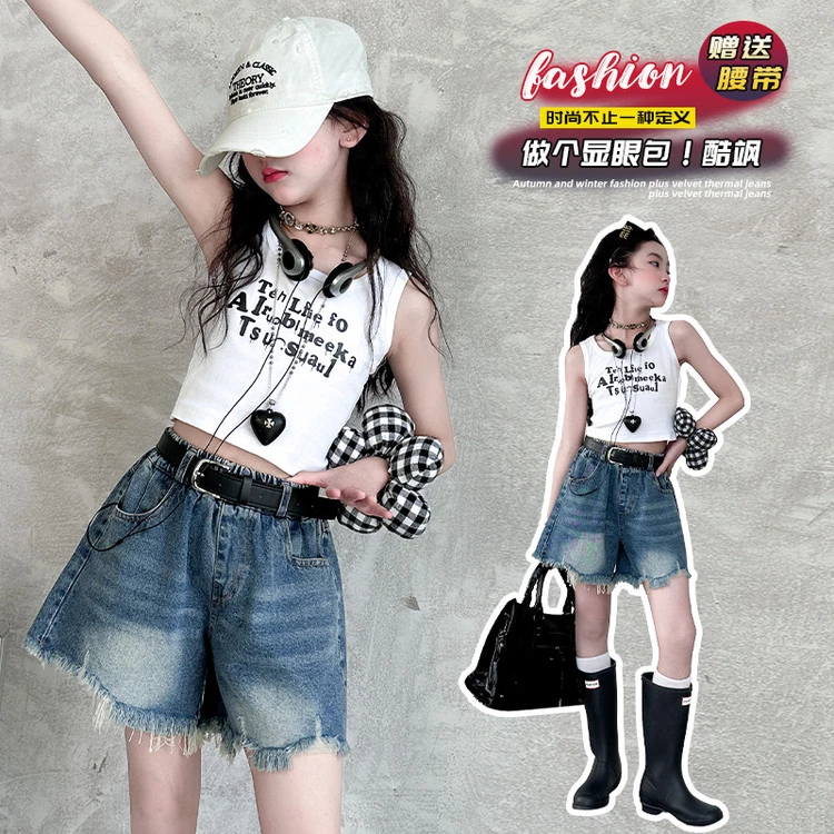 夏季牛仔短裤套装潮酷高街洋气百度韩版好看辣妹装显瘦女童中大童