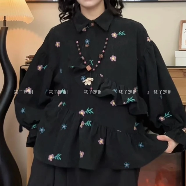 HZ“鱼骨花”设计款双层荷叶边半开衫法式复古刺绣衬衫