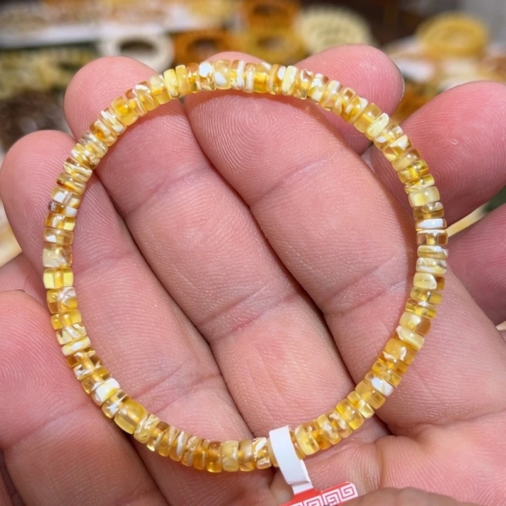 蜜蜡未镶嵌手链微瑕荧光瓷白溶洞拉丝妖花隔片4.5mm