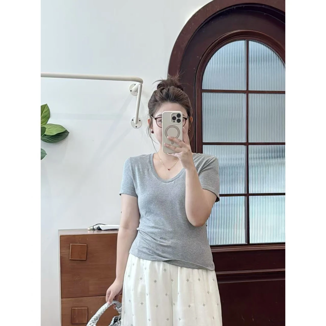 晶咕佳佳【恰到好处】大圆领口修身纯色T恤显瘦时尚休闲百搭弹力