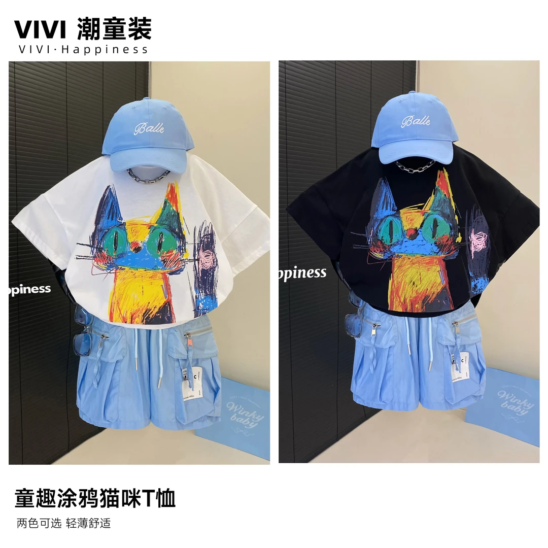 VIVI童装2025春款潮流中大童卡通涂鸦猫咪印花短袖T恤儿童运动装