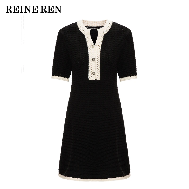 REINEREN设计师任茜2025春夏黑白小香风粗棒针织连衣裙