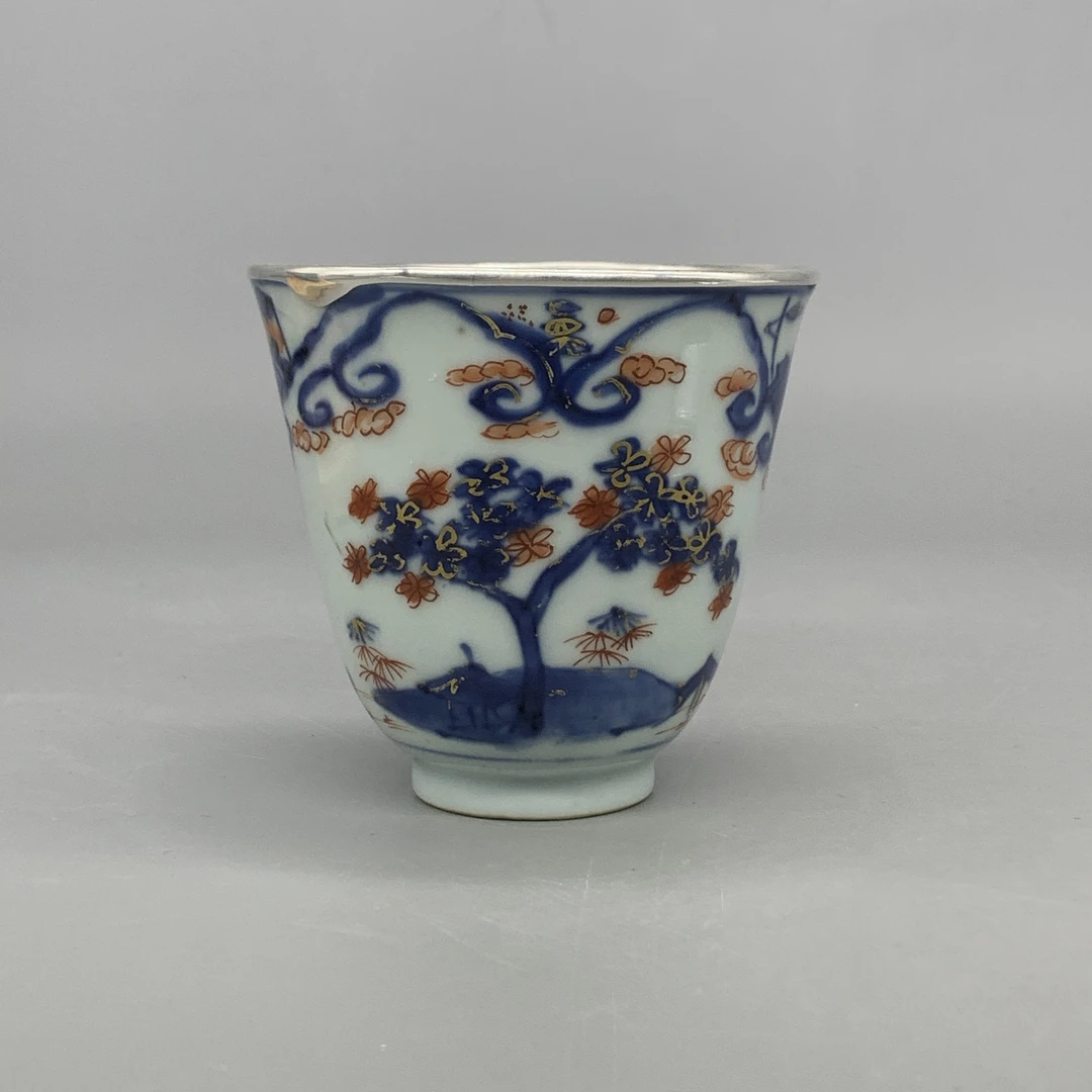 62511292*清康熙青花矾红描金庭院花卉纹铃铛杯/瓷器六/J