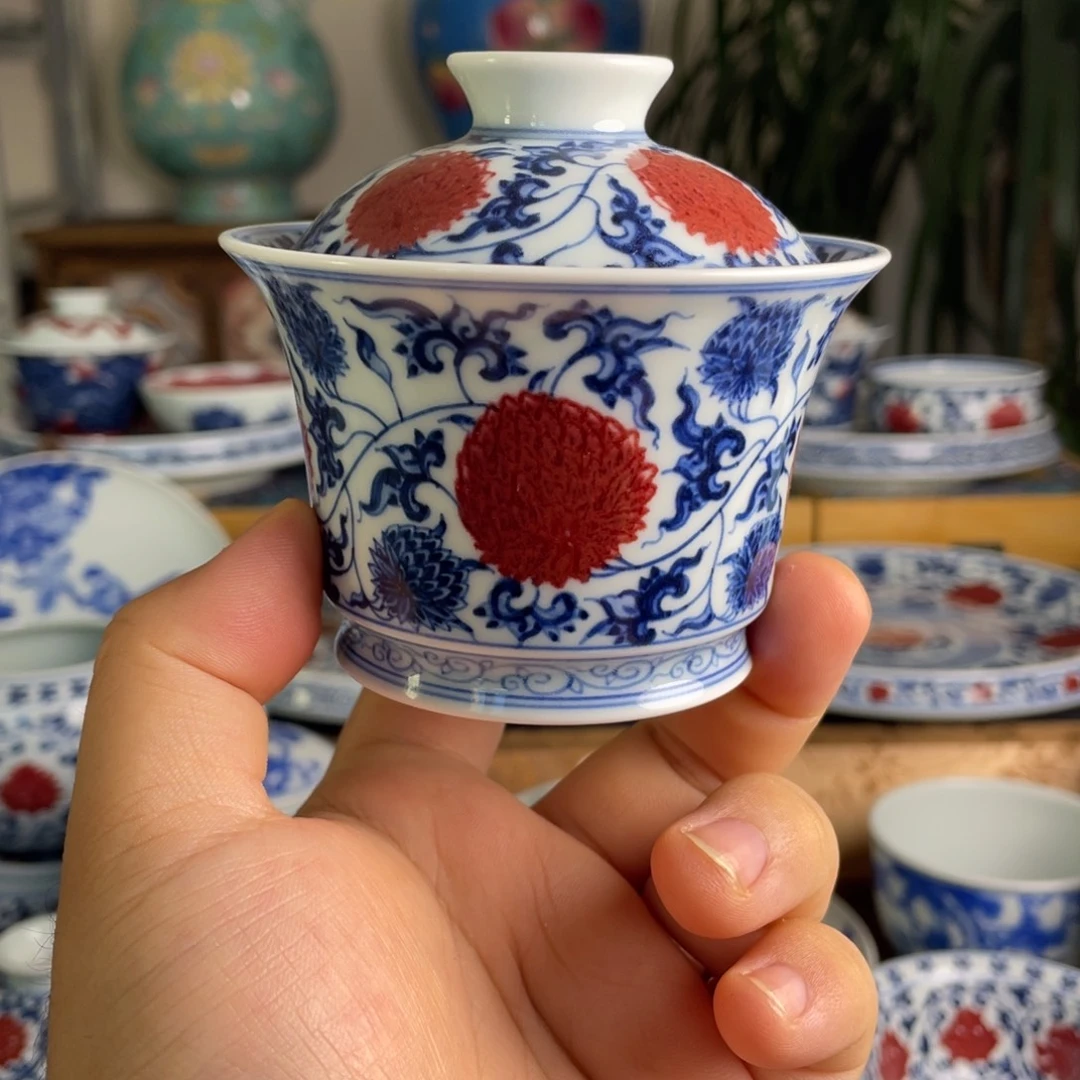 釉里红团菊盖碗系列