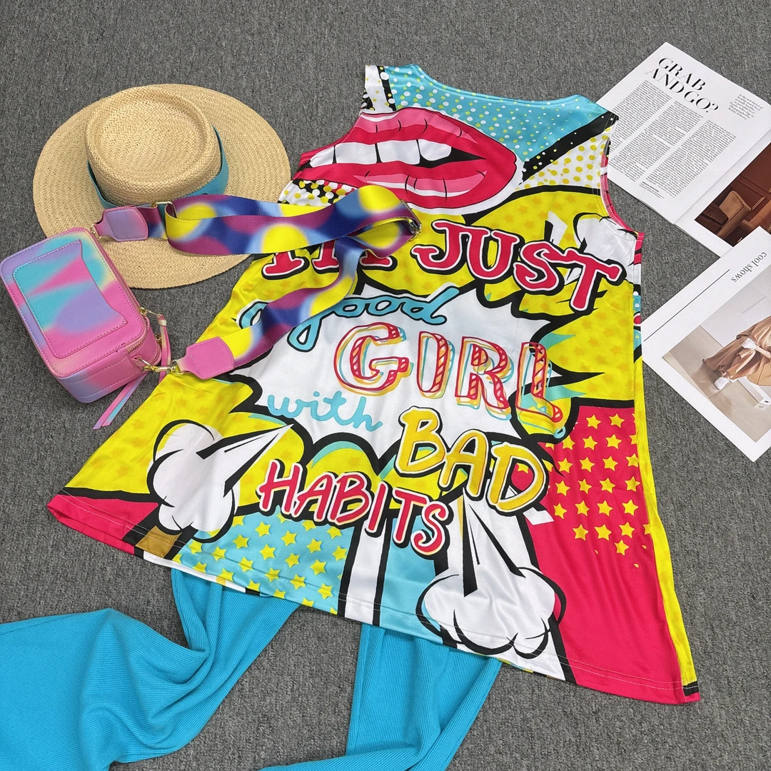 W066外单定制款弹力牛奶丝蓝色嘴唇涂鸦砍袖背心裙