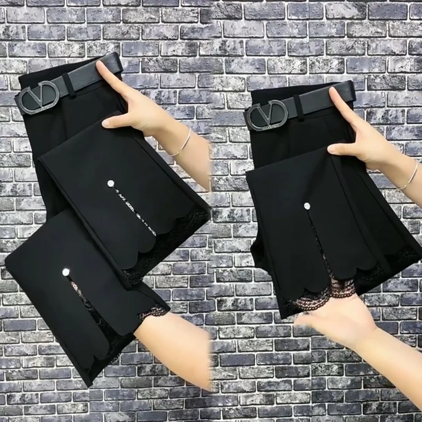 喇叭裤子女春季新款韩版时尚裤脚拼接蕾丝开叉微喇裤小黑裤西裤潮