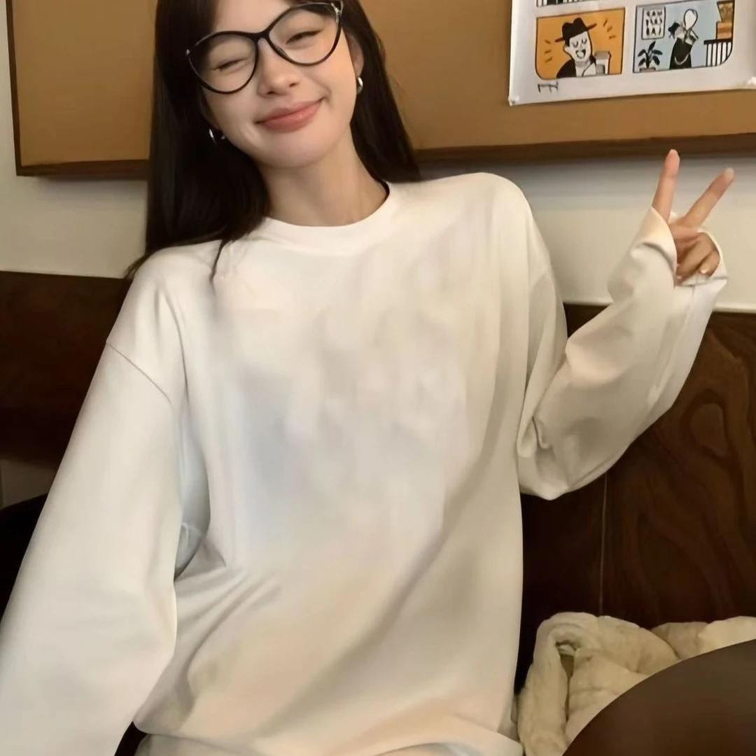 韩系简约百搭宽松显瘦纯色长袖T恤女2025秋季薄款温柔风打底衫潮