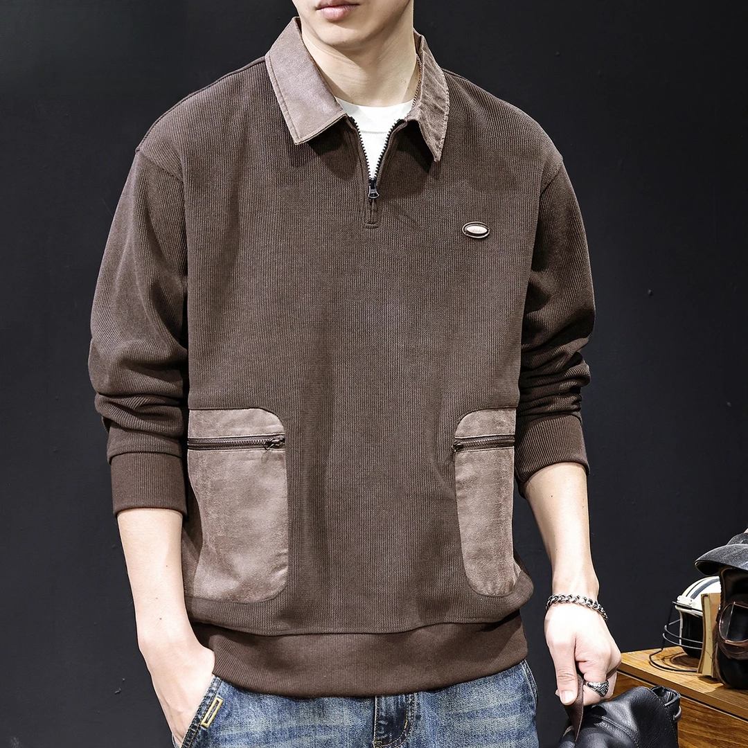 美式重磅半拉链翻领卫衣男2025秋季新款潮牌宽松大码休闲口袋衣服