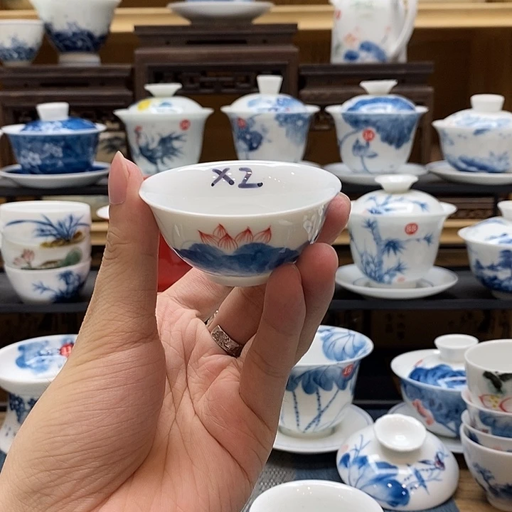 隩***人手绘荷花反口杯2个装釉下彩高温瓷微瑕福利款