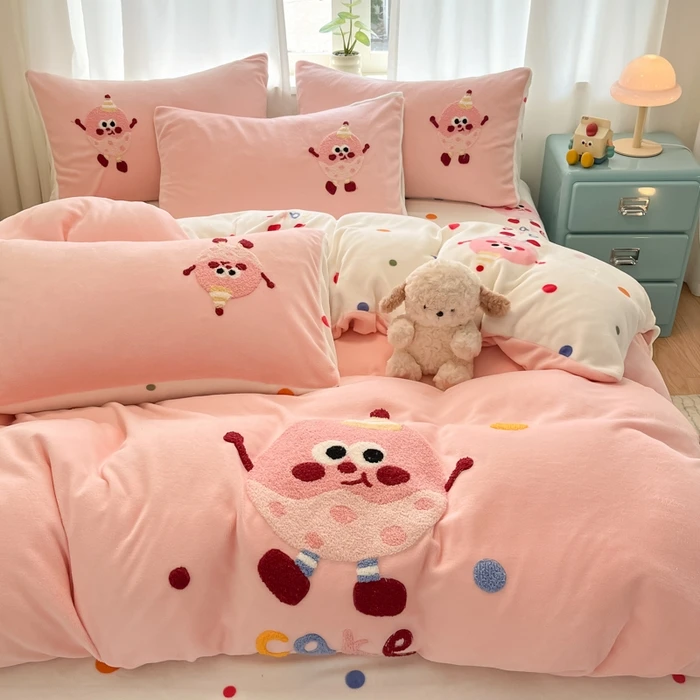 2025新款清新可爱宿舍加厚毛巾绣牛奶绒四件套