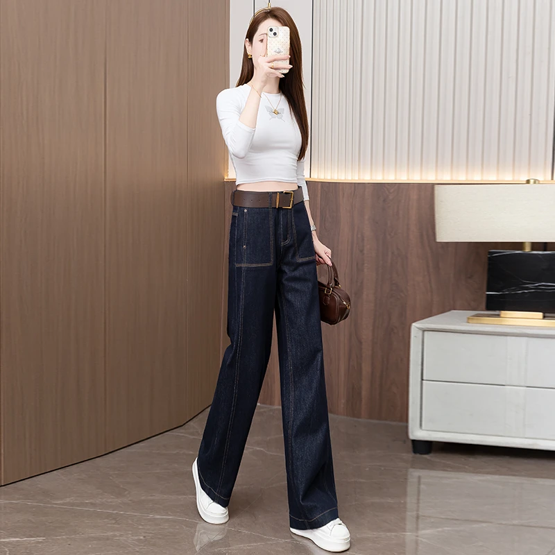 拉夏贝尔复古宽松牛仔阔腿裤女秋款2025新款今年流行高腰直筒裤子