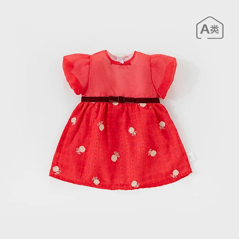 夏天衣服女童新款短袖连衣裙宝宝公主裙红色生日礼服童装薄款裙子