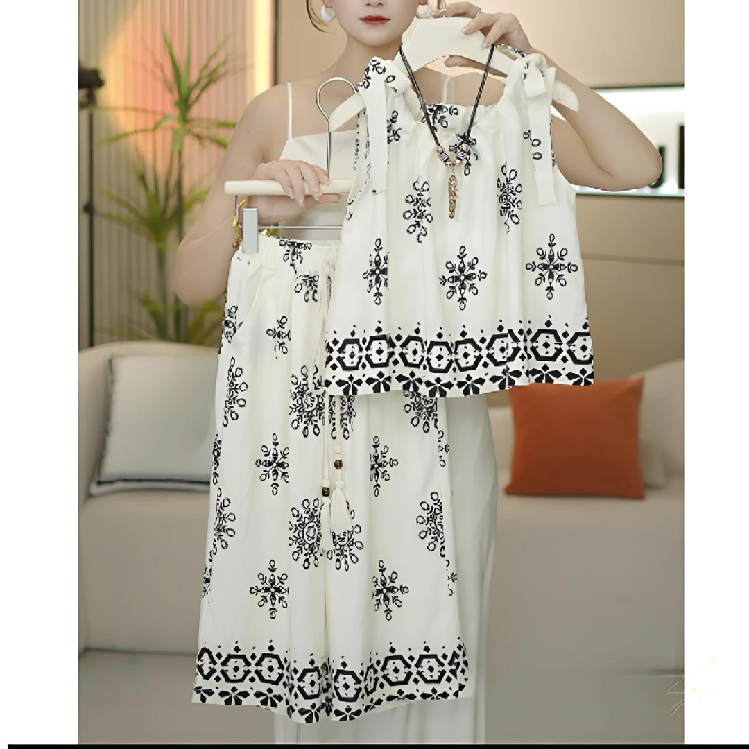 女童无袖民族风套装2025新款女孩气质洋气印花度假复古吊带两件套