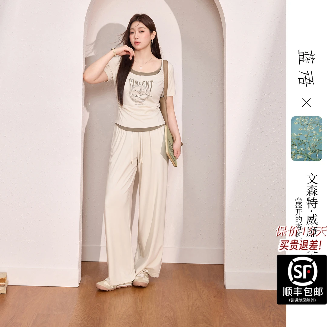 蓝语【梵高联名】大码女装休闲假两件凉感短袖T恤空调裤夏套装11641