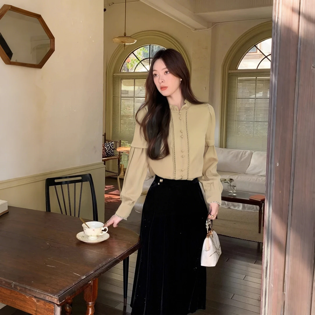 A设计感小众长袖外穿衬衫2025新款法式木耳边气质时尚上衣2851
