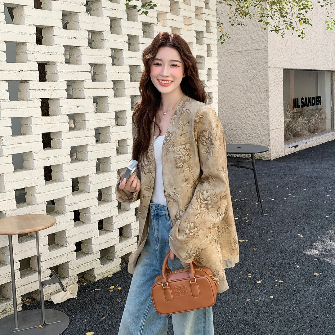 国风复古提花西装外套女秋装2025新款高级感气质网纱拼接V领西服