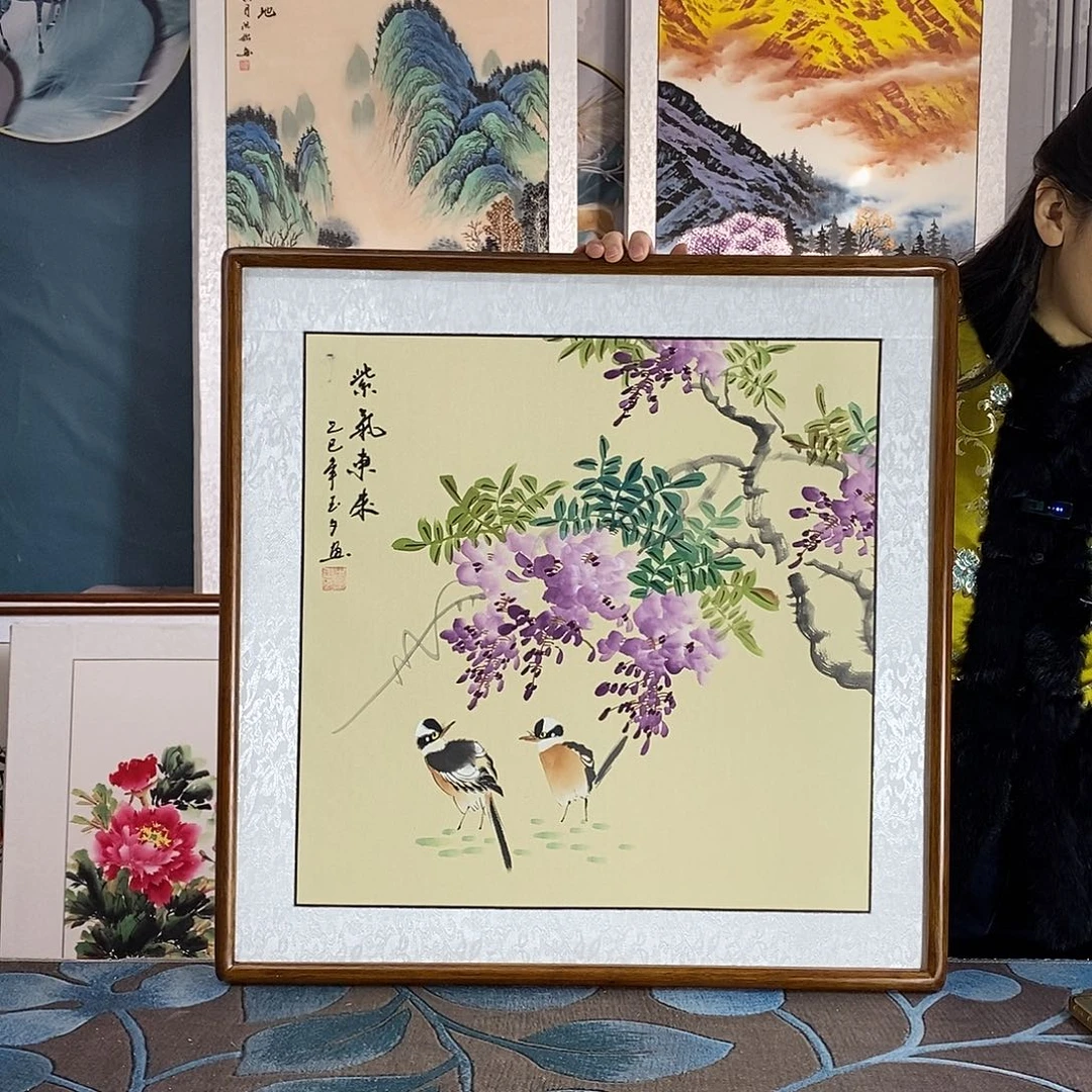 国画手写手绘国画作品带框包邮62✖️62