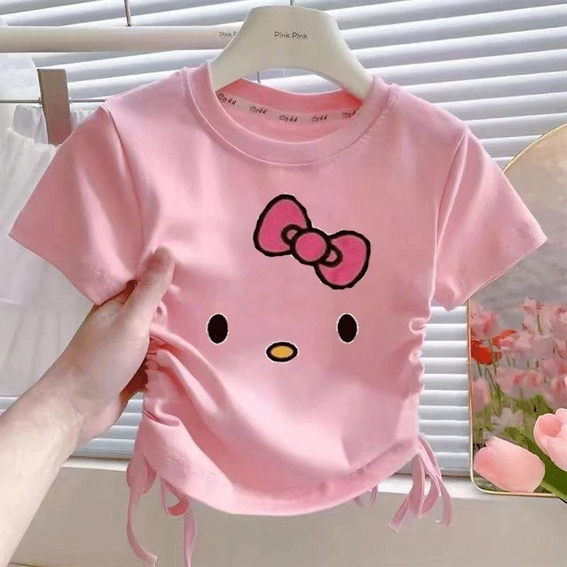 女童抽绳短袖纯棉T恤新款中小童甜美kt猫女宝宝夏季半袖上衣外穿t