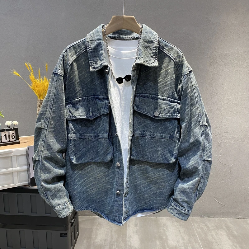 潮牌美式复古大口袋翻领牛仔外套男春秋新款宽松时尚痞帅夹克外套