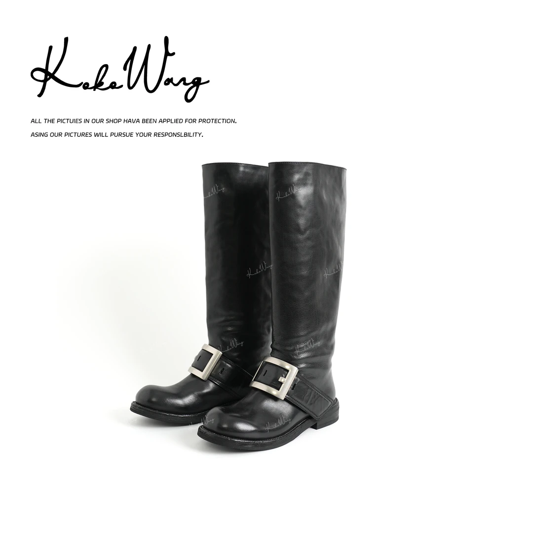 KOKO WANG 秋冬植鞣小牛皮厚底卡扣时尚时装长筒靴X2355H29X21