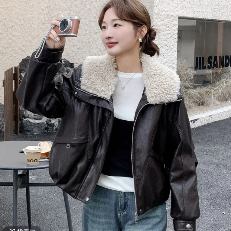 毛绒大翻领加绒加厚保暖皮衣外套女2025秋冬新款宽松显瘦上衣棉服