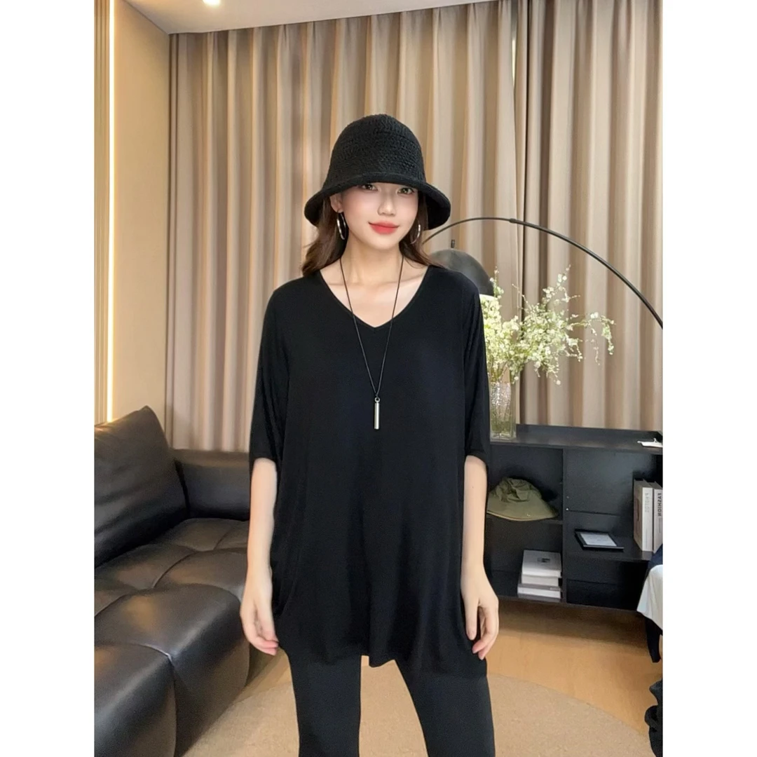 【胡洛一】慵懒风时尚简约V领短袖T恤女夏季宽松显瘦正肩上衣CK114