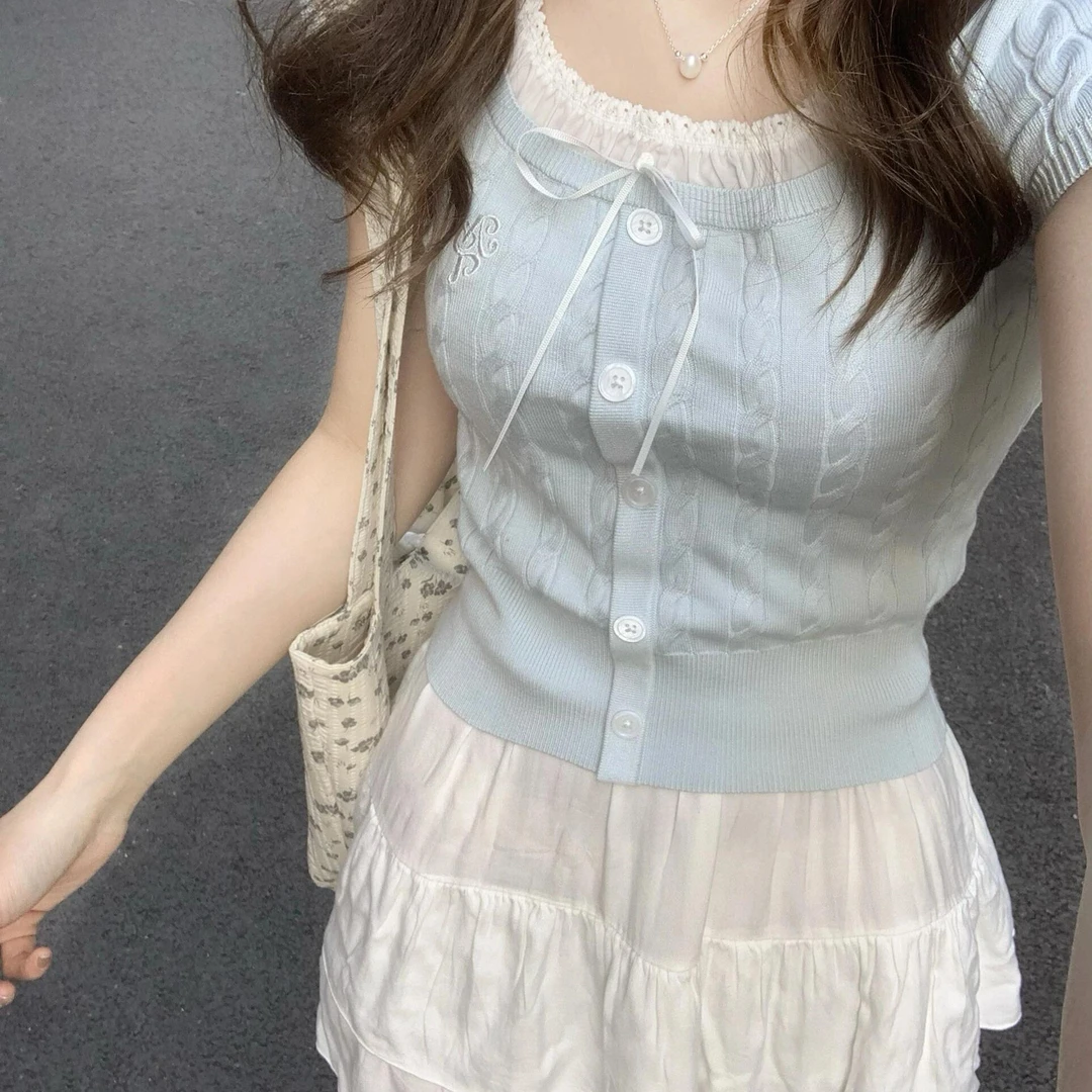 夏别致绝美设计感小众针织短袖t恤蓝色短款假两件刺绣冰丝上衣女z