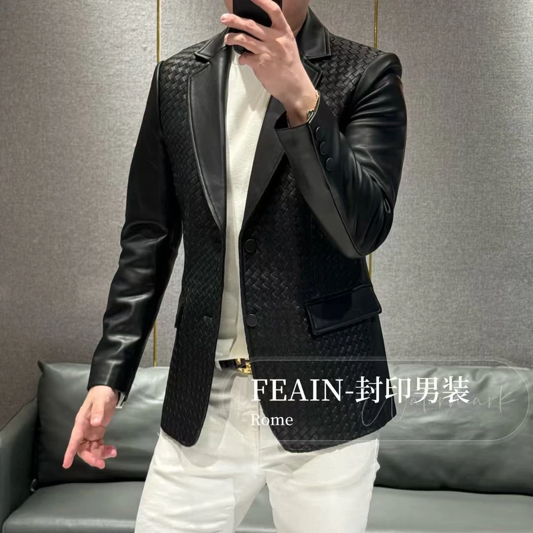 【真皮编织】高端男士全手工编织羊皮修身小西装2529