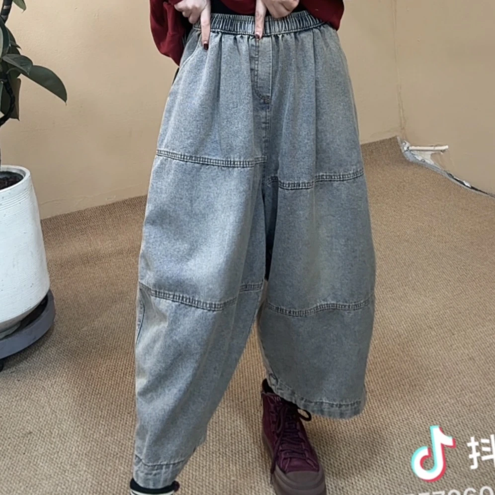 003春季新款水洗做旧牛仔裤拼接阔腿九分裤洋气宽松韩版韩版直筒