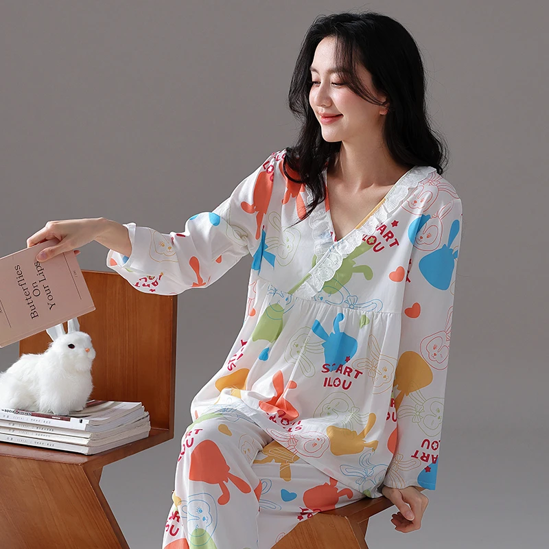 2025新款棉绸家居服睡衣女V领减龄绵绸空调服上衣裤子一套装两件