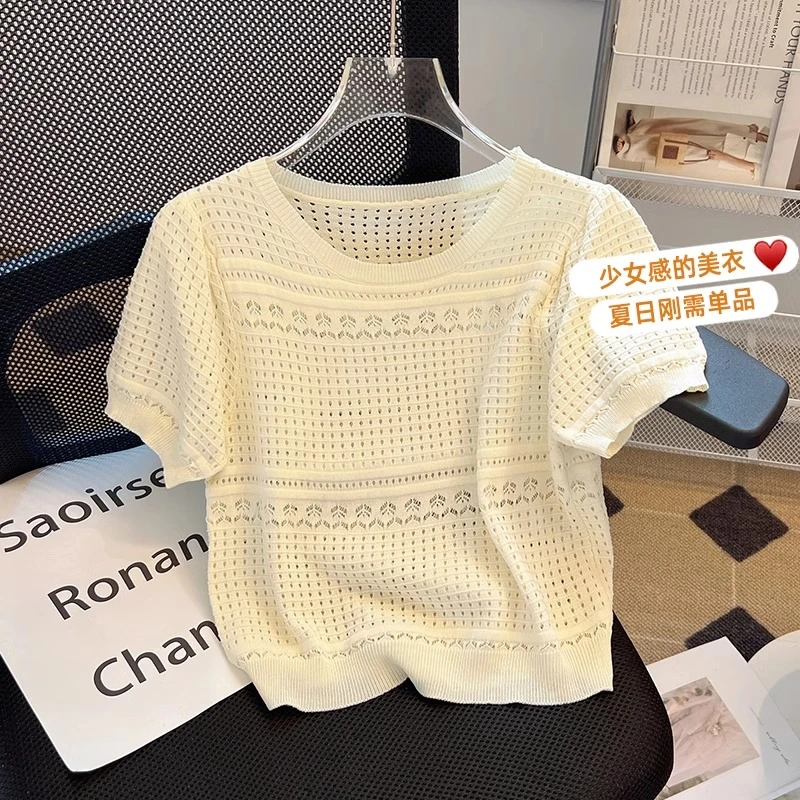 夏季薄款冰丝白色针织短袖t恤女2025新款爆款今年流行上衣小香风