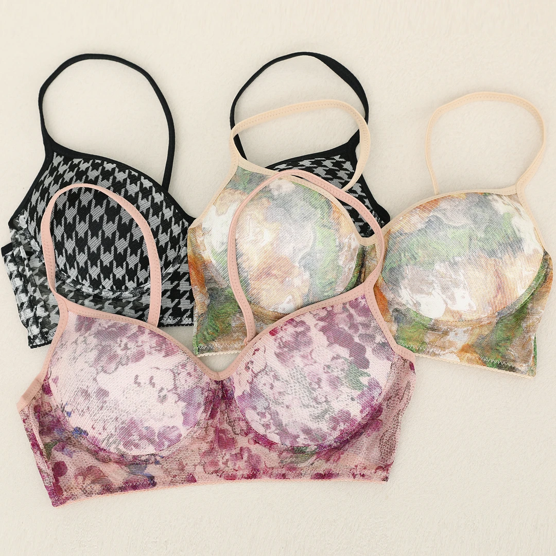 LANZIBES/蓝之蓓薄款真丝网纱内衣无钢圈薄杯聚拢文胸胸罩X7750