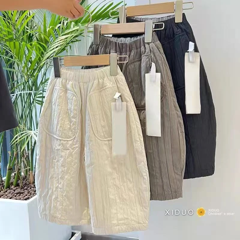 韩国童装男女童裤子秋冬季新洋气加绒纯色松紧腰休闲竖条纹长裤