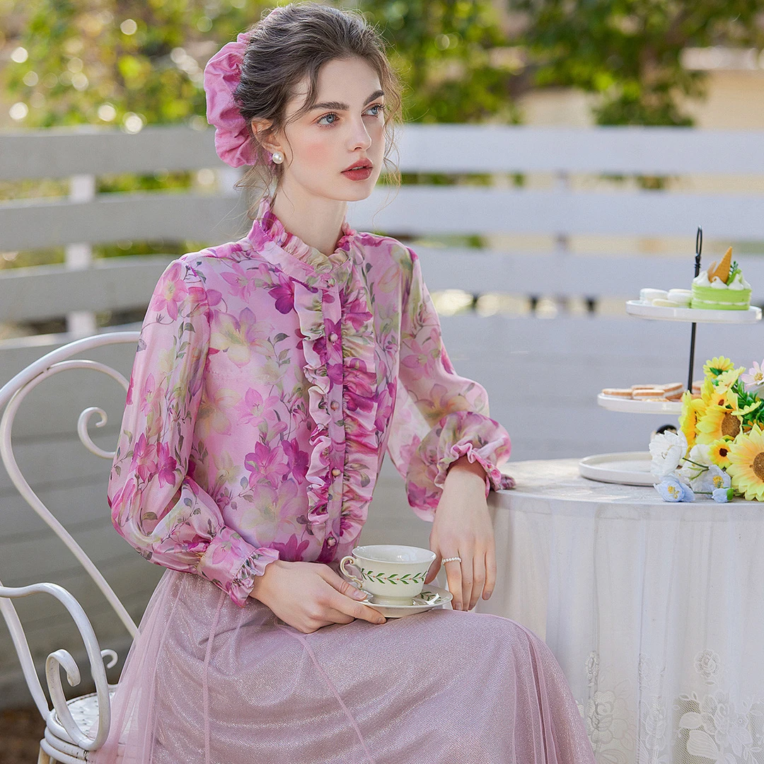 【商场同款新品】白鹿语25春温柔气质立领轻薄长袖女装衬衫WBY20098