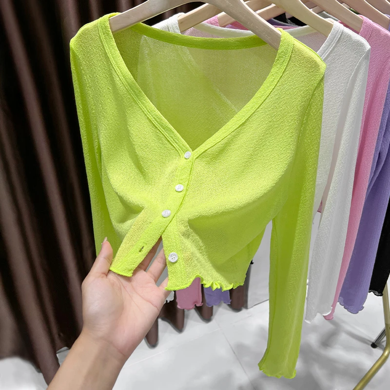 黄色新款大V领单排扣针织开衫上衣女夏季爆款木耳边配裙子短外套