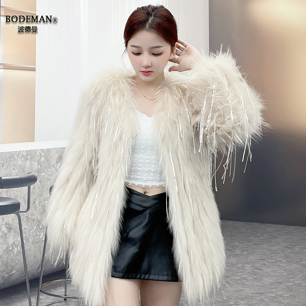 2025海宁中长流苏显瘦真毛皮草加棉加厚貉子毛车条工艺皮草外套女