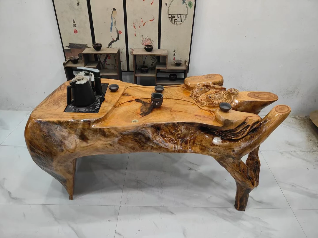 D2840香樟木整体根雕茶台阳台客厅家用茶几荷塘月色153-62-68厘米