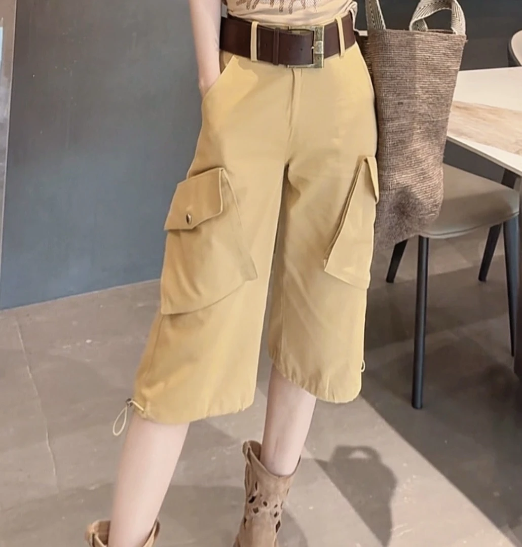 x3229 CC推荐 卡其色阔腿工装裤显瘦七分裤