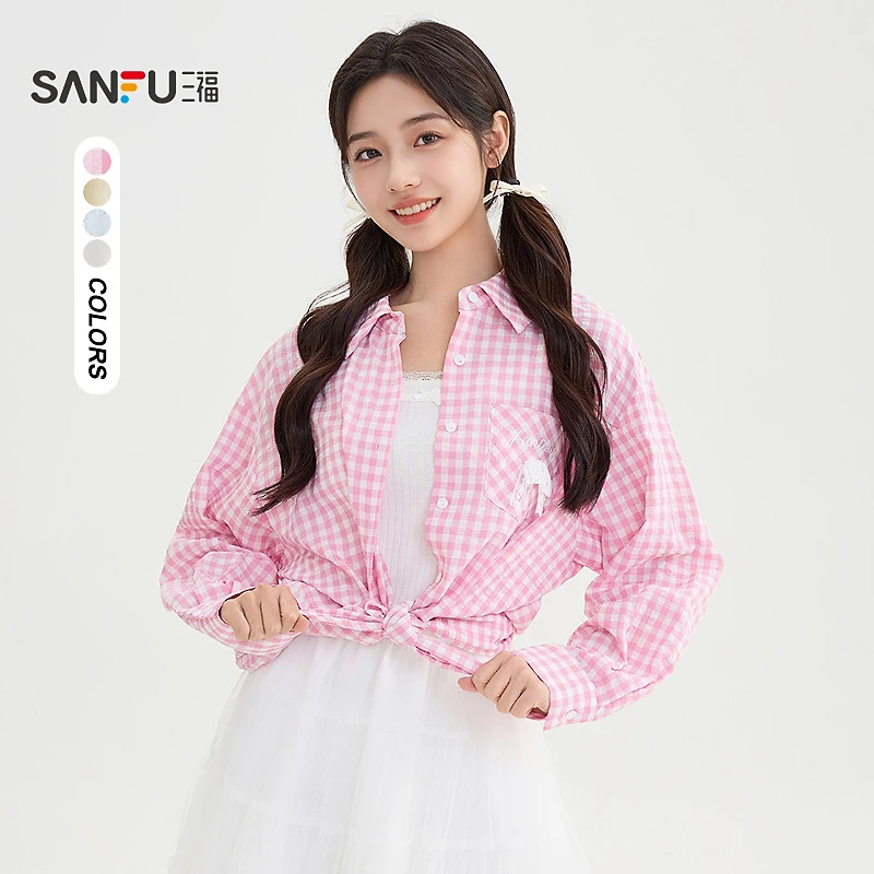 三福长衬衫2025秋季口袋小标装饰休闲宽松翻领上衣女装504972