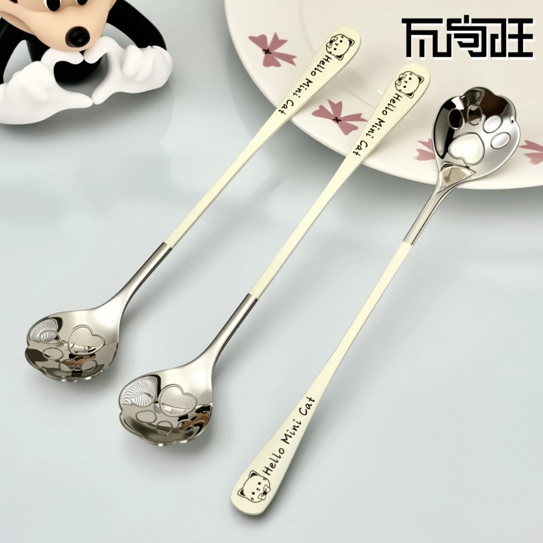 瓦尚旺马克杯可爱长柄冷饮冰勺猫爪搅拌小勺子304不锈钢咖啡勺
