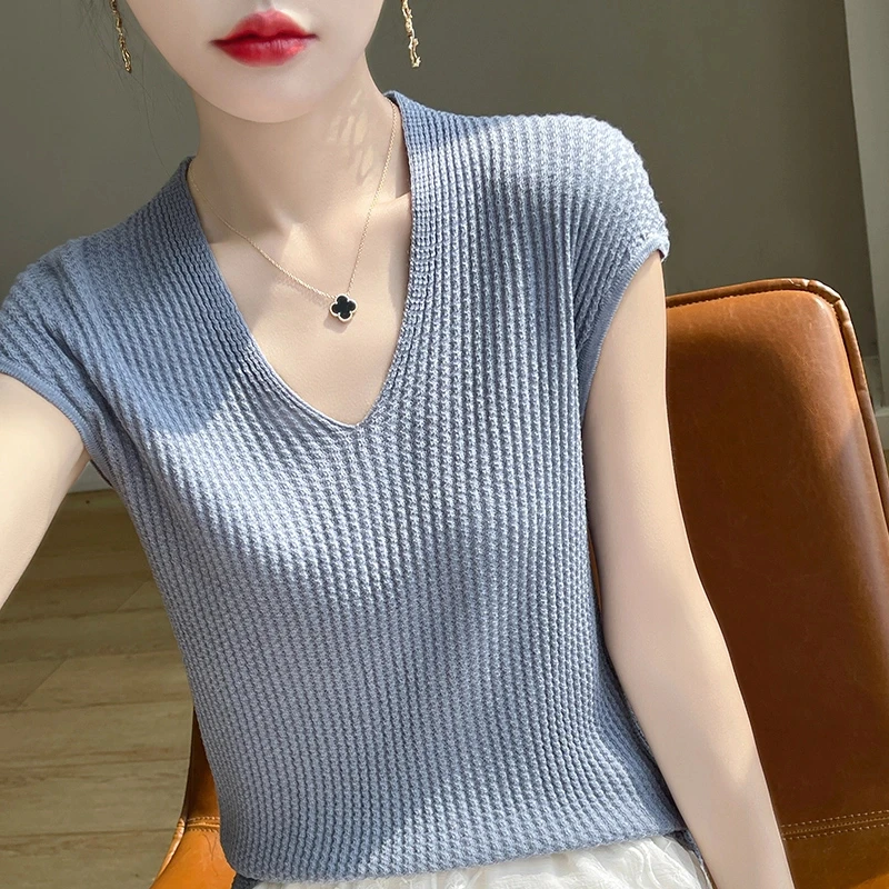 夏季V领桑蚕丝t恤女修身精纺天丝羊毛短袖针织百搭纯色背心
